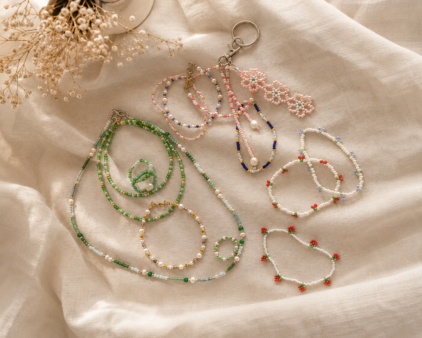 Handcrafted necklace with lilac and pearl beads on cream background